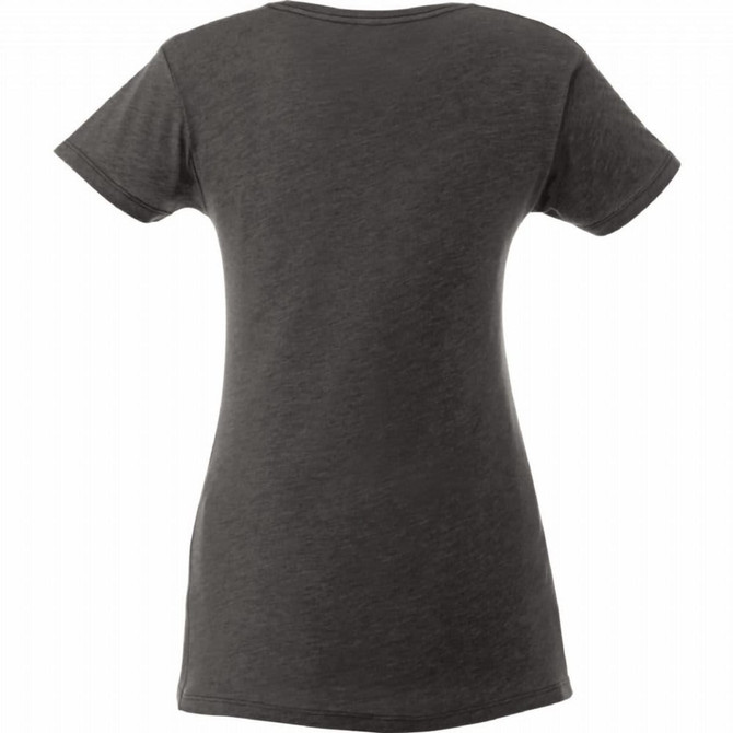 A women's short sleeve tee in a dark grey colour, featuring a smooth fabric and a fitted silhouette.