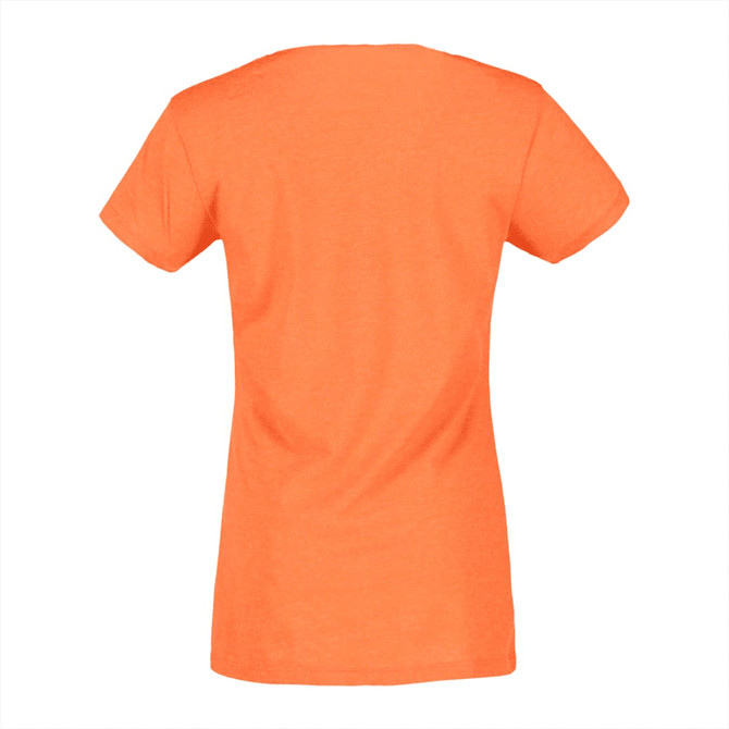 An orange short sleeve women’s t-shirt with a fitted design, featuring a plain back and a logo.