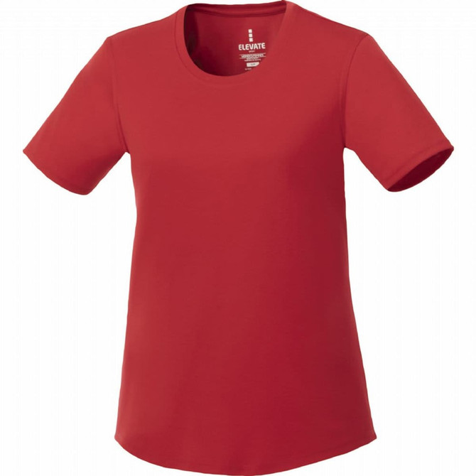 A red short sleeve tech tee for women, featuring a round neckline and a logo at the neckline.