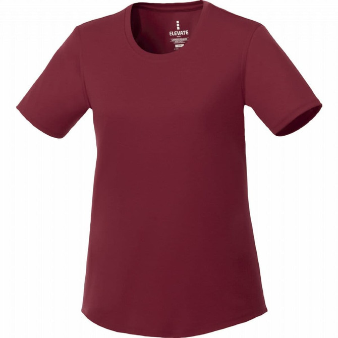 A red short sleeve women's tech tee featuring a round neckline and a minimalist design with a logo.