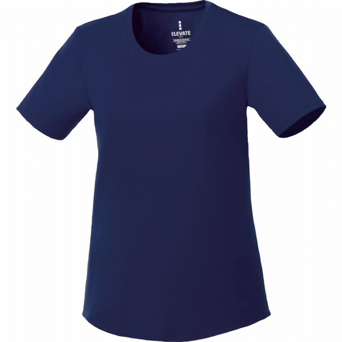 A navy blue short sleeve women's tech tee with a round neckline and a small logo.