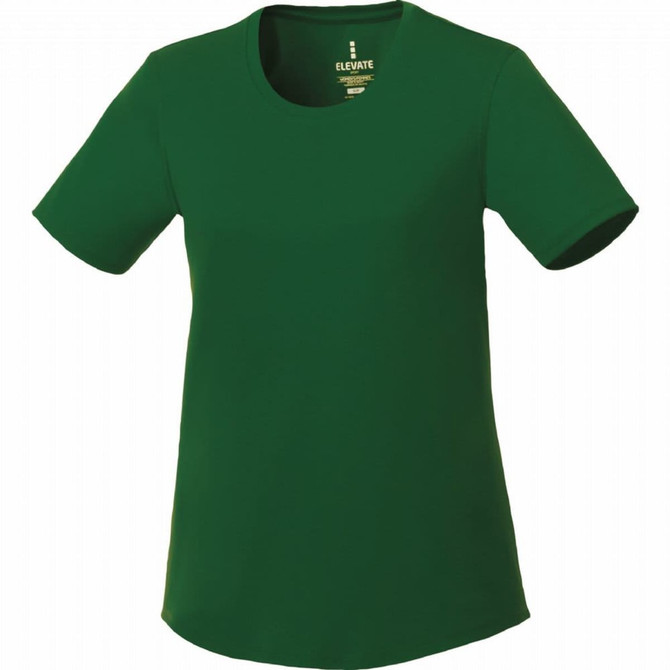 A green short sleeve tech tee for women with a round neckline and a logo inside.