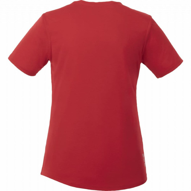 A red short sleeve tech tee for women, featuring a simple design and a logo on the back.