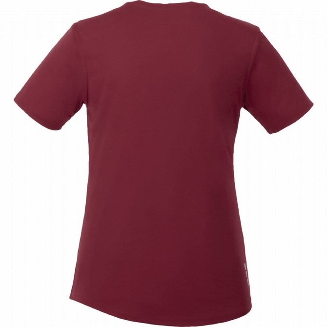 A maroon women's short sleeve tech tee featuring a simple design and a logo on the back.