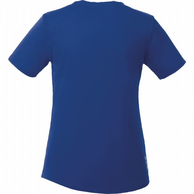 A women's short sleeve tech tee in a solid blue colour, featuring a logo on the side.