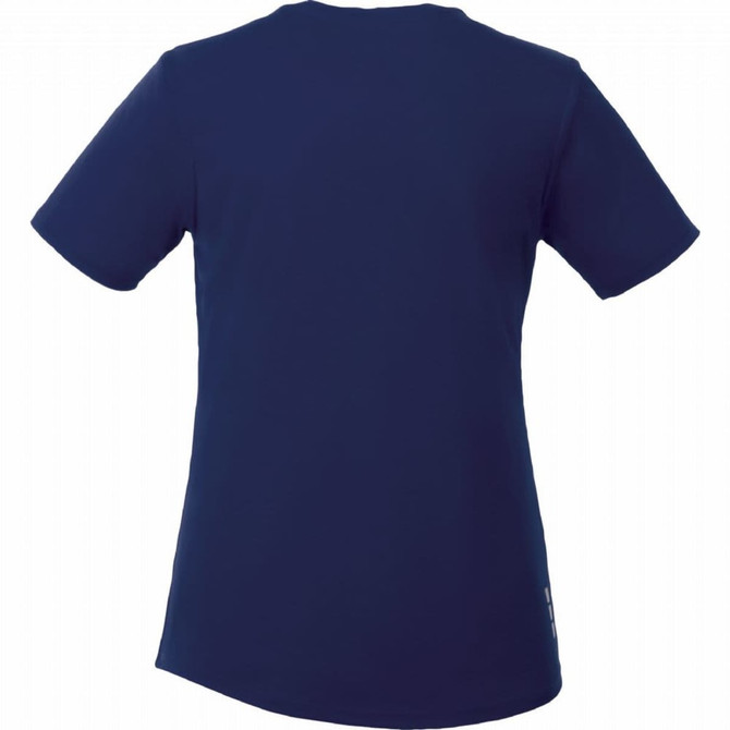 A navy short sleeve tech tee for women, featuring a simple design and a logo on the back.