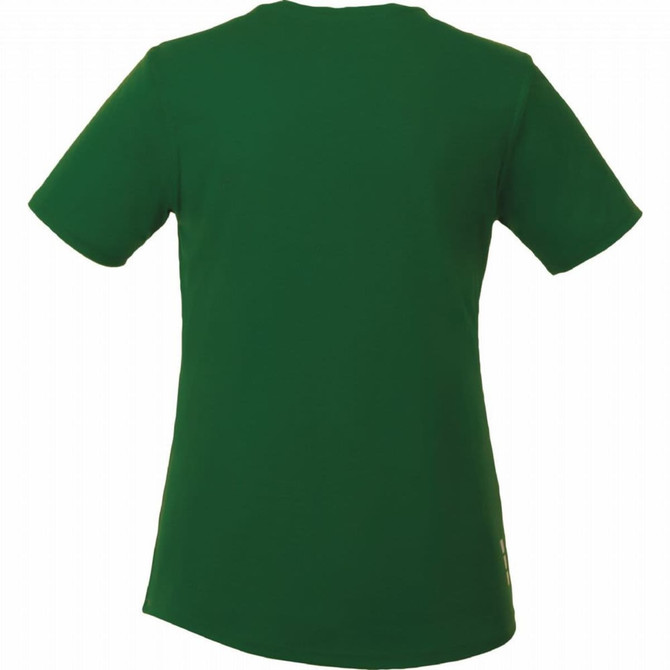 A green women's short sleeve tech tee featuring a simple design and a branding logo.