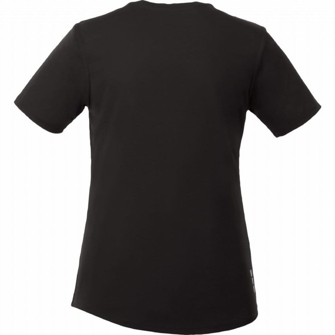 A black women's short sleeve tech tee with a smooth fabric finish and a small logo detail at the hem.