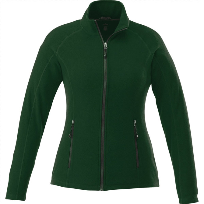 A women's polyfleece jacket in green with zippered pockets and a high collar, featuring a logo.