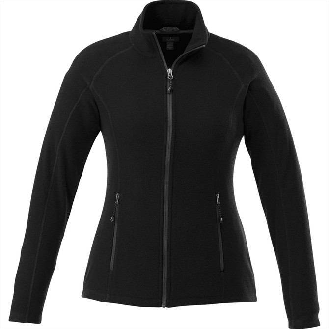 A women's black polar fleece jacket featuring a zip front and two side pockets, with a logo on the chest.