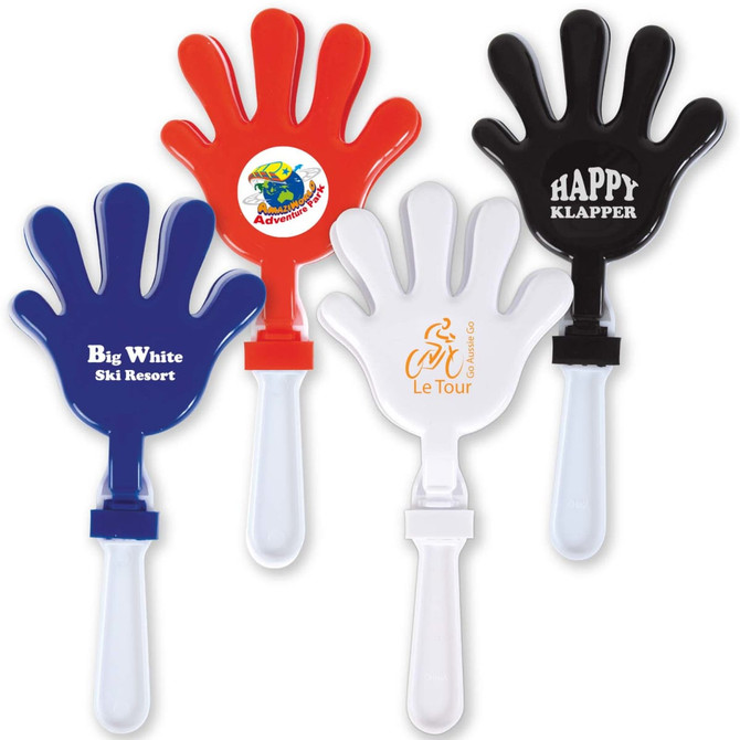 A set of four colorful clappers in hand shapes: red, blue, black, and a white handle. Each features a logo.