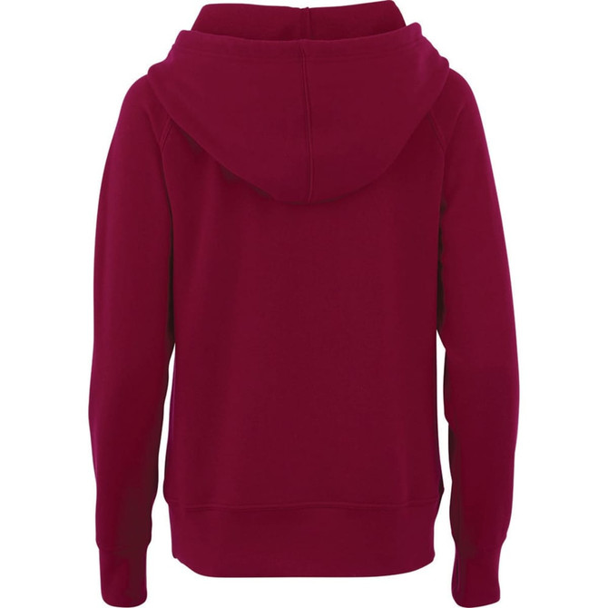 A red women's fleece hoody with a hood and a minimalist design, featuring a logo on the back.