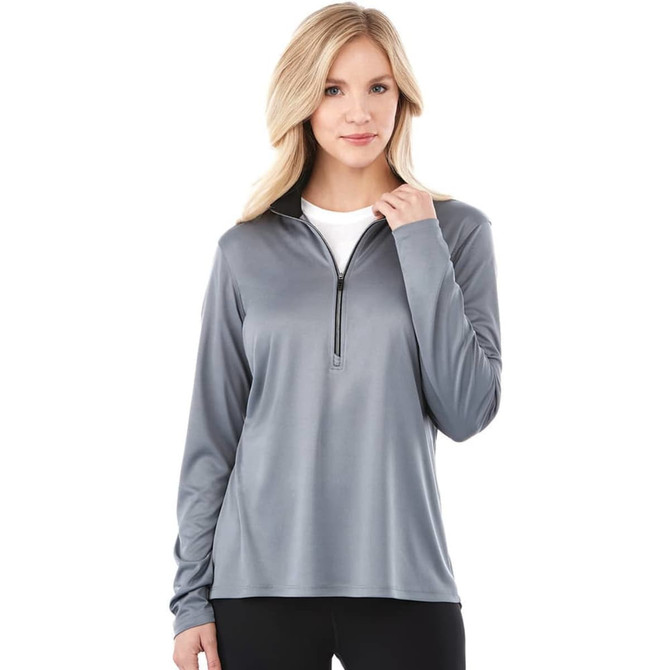A grey women's half zip jacket with a smooth finish and a branding logo on the chest.
