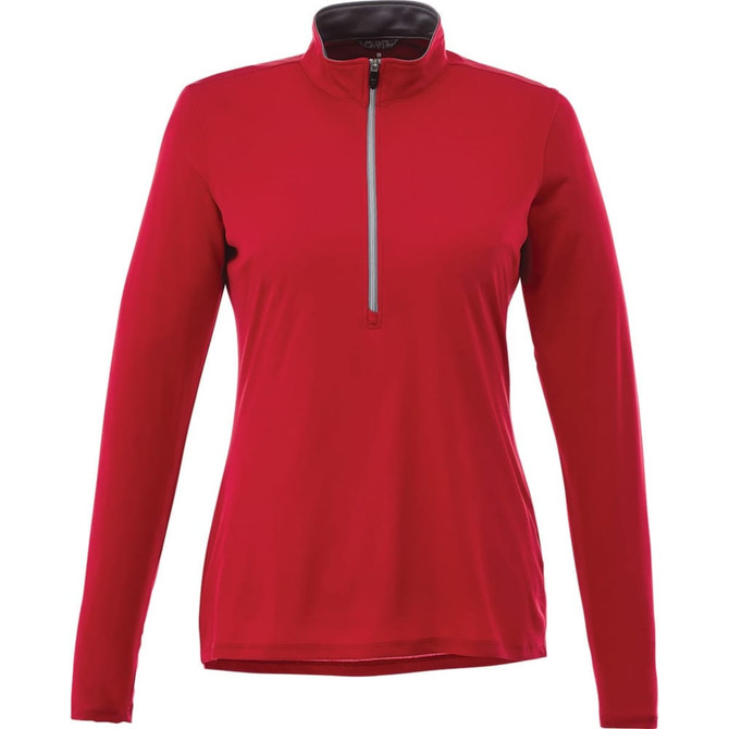 A red women's half zip jacket with long sleeves and a small collar, featuring a logo on the chest.