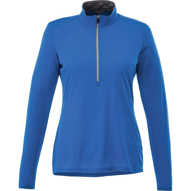 A women's half-zip jacket in vibrant blue, featuring long sleeves and a zippered collar. The jacket has a logo.