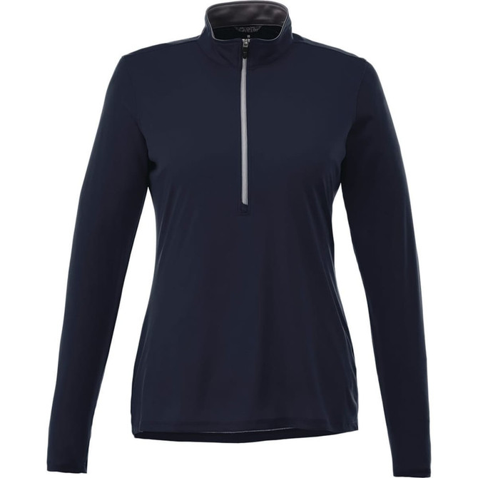 A navy women's half zip jacket featuring long sleeves and a zippered front, with a branding logo on the garment.
