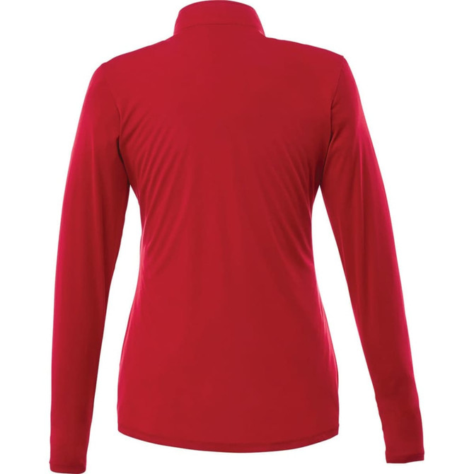 A red half zip women's jacket with long sleeves, featuring a back view and a logo.