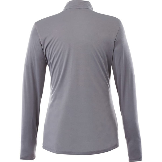 A grey women's half zip jacket featuring long sleeves and a back view. Includes a logo.