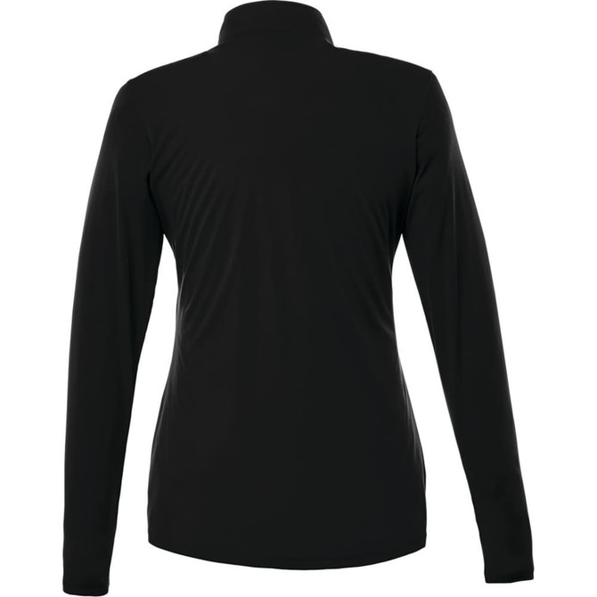 A women's black half-zip jacket featuring long sleeves and a simple design, includes a logo.