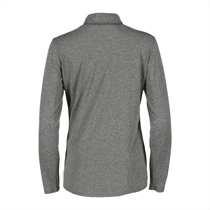 A women's grey half-zip jacket with long sleeves and a collar, featuring a logo on the back.