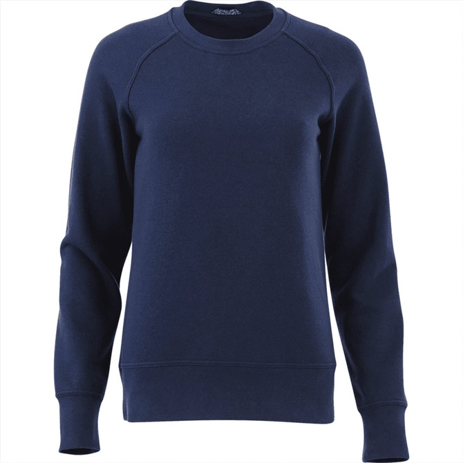A navy blue women's fleece crew jumper with a round neckline and long sleeves. It features a logo on the front.