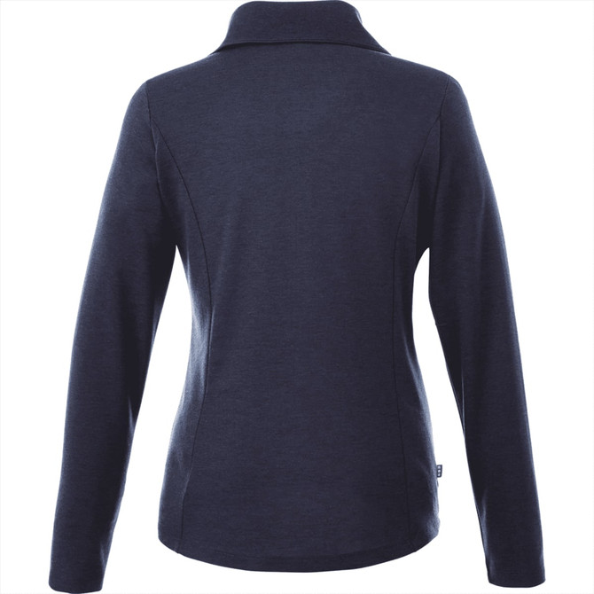 A navy blue women's knitted jumper with a half zip and a collar, featuring a branding logo.