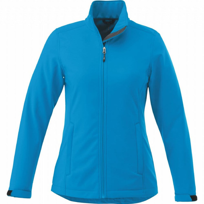 A women's softshell jacket in bright blue with a zip front and a high collar, featuring a logo.