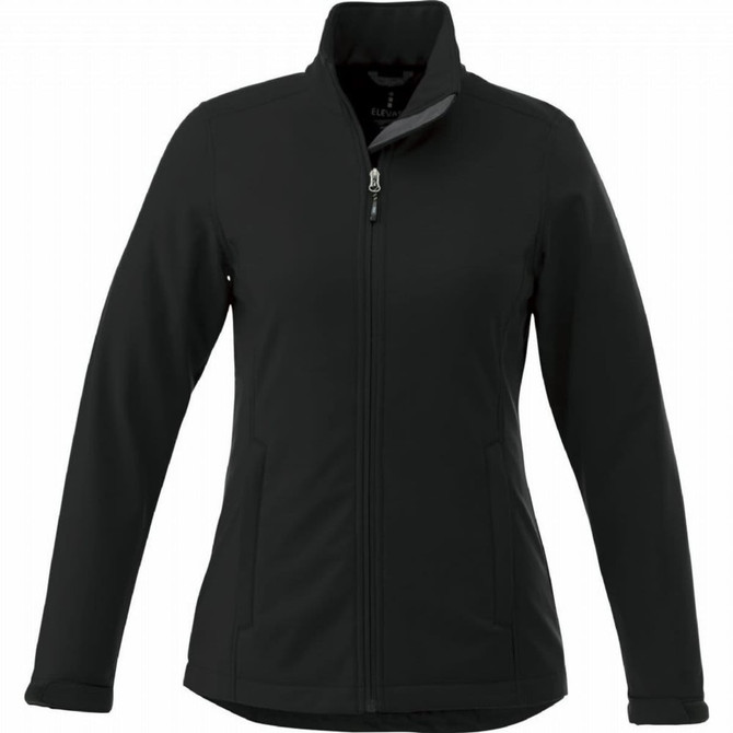 A women's black softshell jacket featuring long sleeves, a stand-up collar, and zippered front pockets.