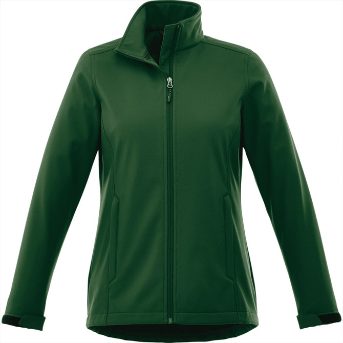 A women's softshell jacket in dark green with a zip closure and high collar, featuring a logo on the chest.