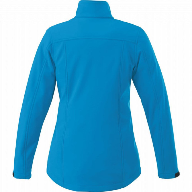A women's softshell jacket in a vibrant blue colour, featuring a high collar and fitted design, with a logo on the back.