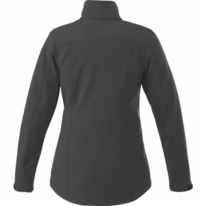 A women's softshell jacket in dark grey, featuring a high collar and long sleeves. It includes a logo.