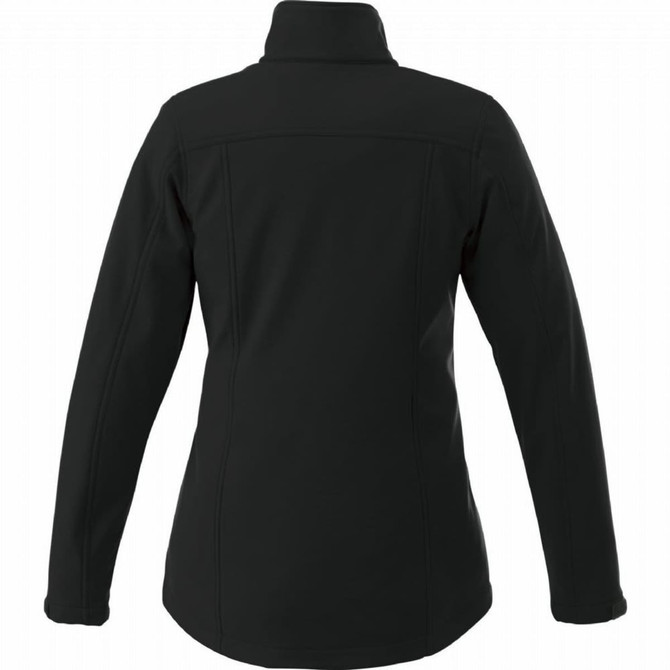 A black women's softshell jacket with a high collar and long sleeves, featuring a logo on the back.