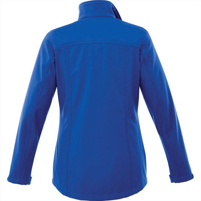 A blue women's softshell jacket with a high collar and a fitted design. It features stitching details and has a logo.