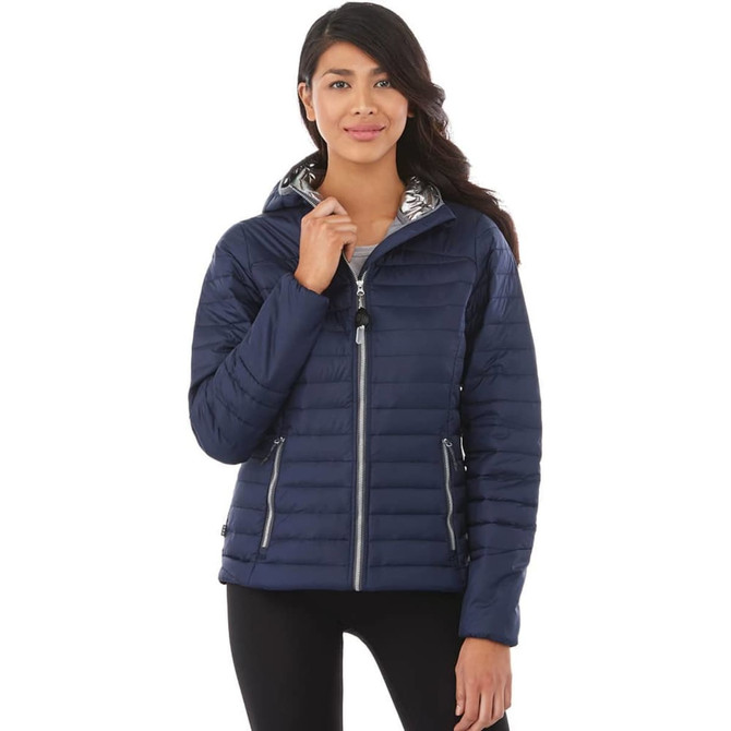 A navy blue women's insulated jacket with a hood, featuring a silver interior and zippers for pockets.