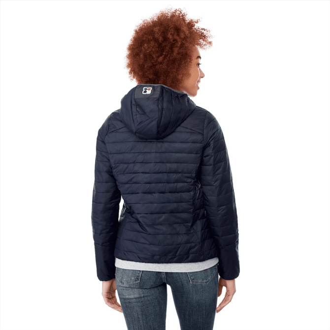 A women's packable insulated jacket in navy blue, featuring a hood and a logo on the back.