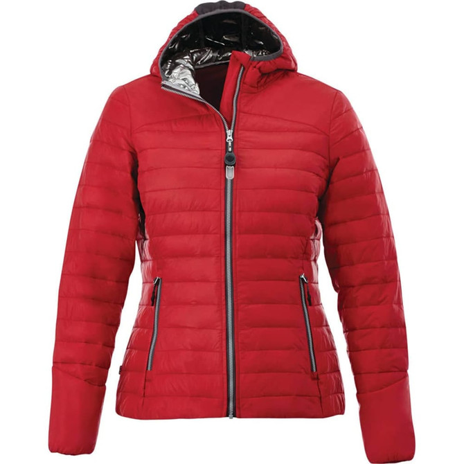 A red packable insulated jacket for women featuring a hood and zippered front. Includes a logo on the jacket.