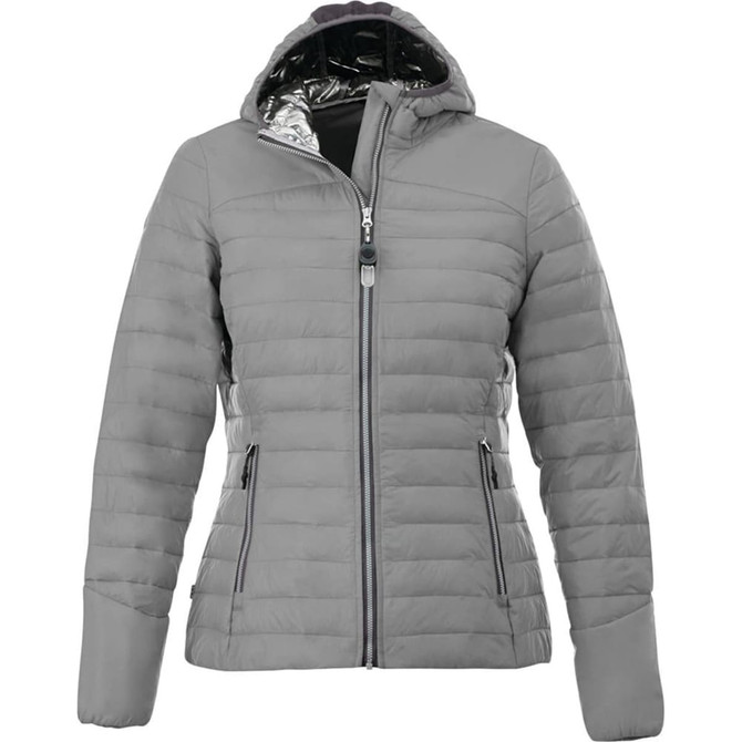 Packable women's jacket in grey, featuring a hood, zip closure, and two front pockets. Includes a logo.
