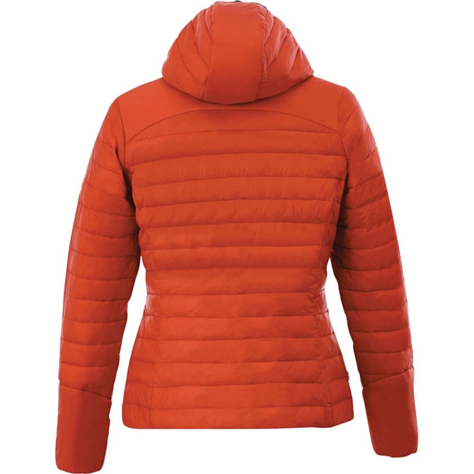 A women's packable insulated jacket in bold orange with a hood and a quilted design. Features a logo.