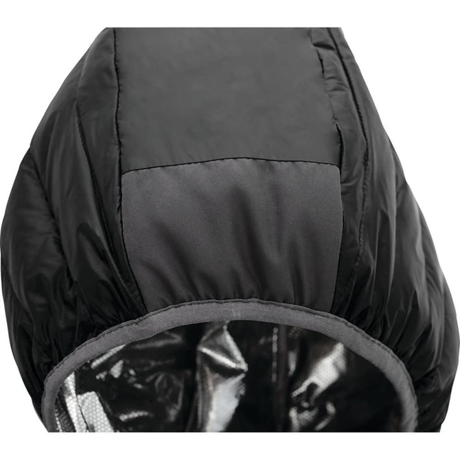 A black women's packable insulated jacket featuring a hood and smooth fabric finish. It has a logo on the interior.