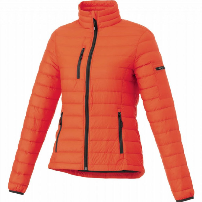 An orange puffer jacket for women with zippered pockets and a high collar. It features a branding logo on the sleeve.