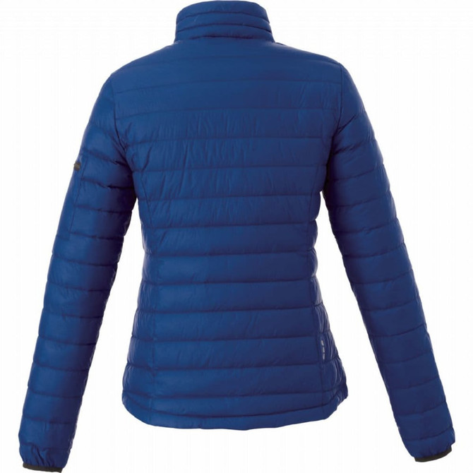 A blue women's puffer jacket with a sleek design, featuring a high collar and fitted sleeves. It has a logo on one sleeve.