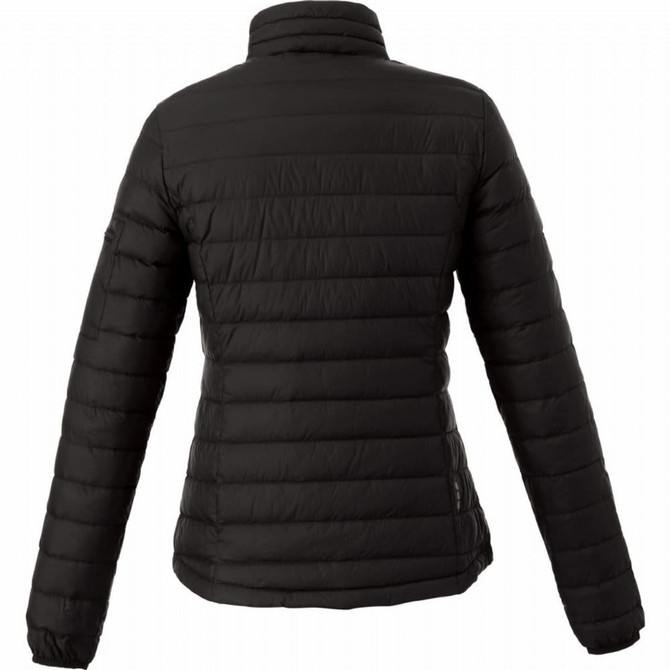 A women's puffer jacket in black, featuring a quilted design and a high collar. The jacket has a logo on the back.
