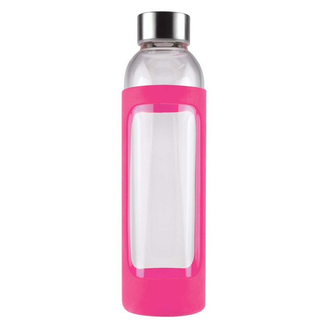 A drink bottle featuring a clear glass body and a vibrant pink silicone sleeve, topped with a stainless steel cap.