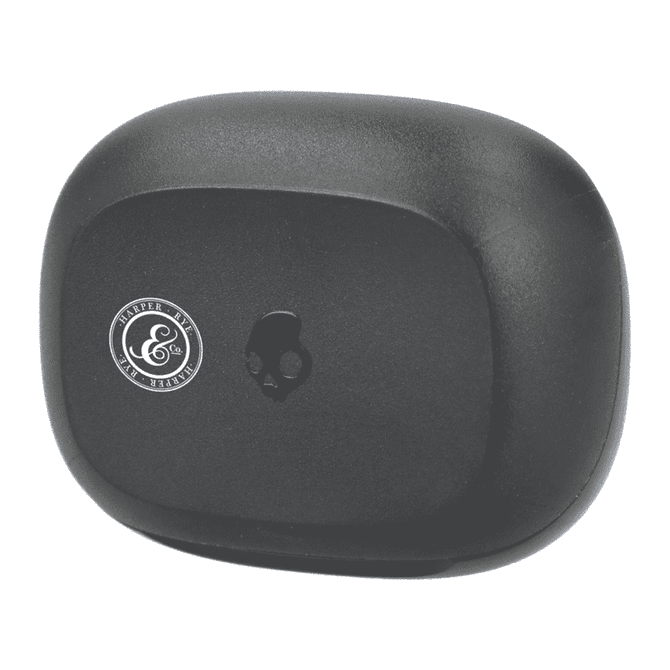 A black charging case for Skullcandy Smokin' Buds earbuds, featuring logo branding.