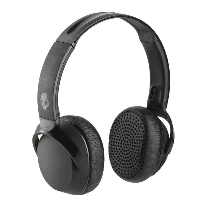 A pair of black Skullcandy Riff Wireless headphones with a sleek design and a branding logo visible.