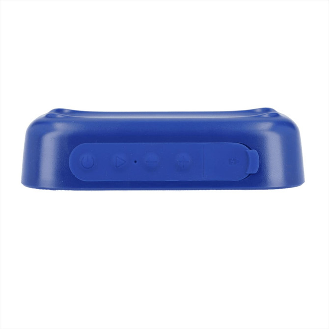 A blue Bluetooth speaker with control buttons on the top and a logo on the side.