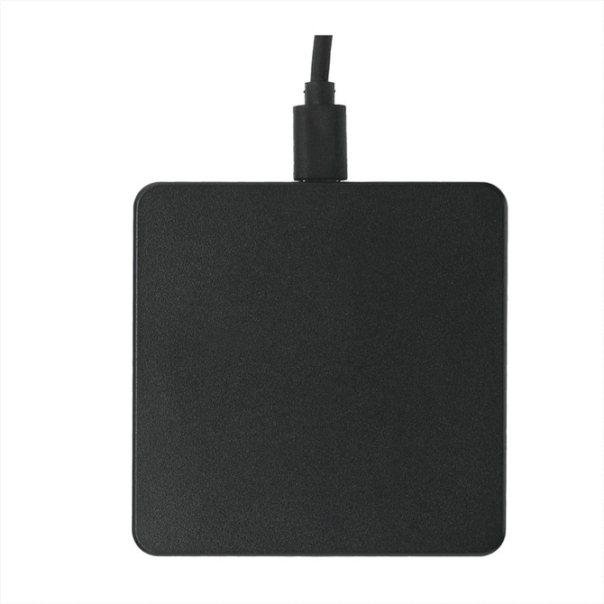 A square wireless charging pad in black, featuring a connection cable at one edge. The surface has a matte finish.
