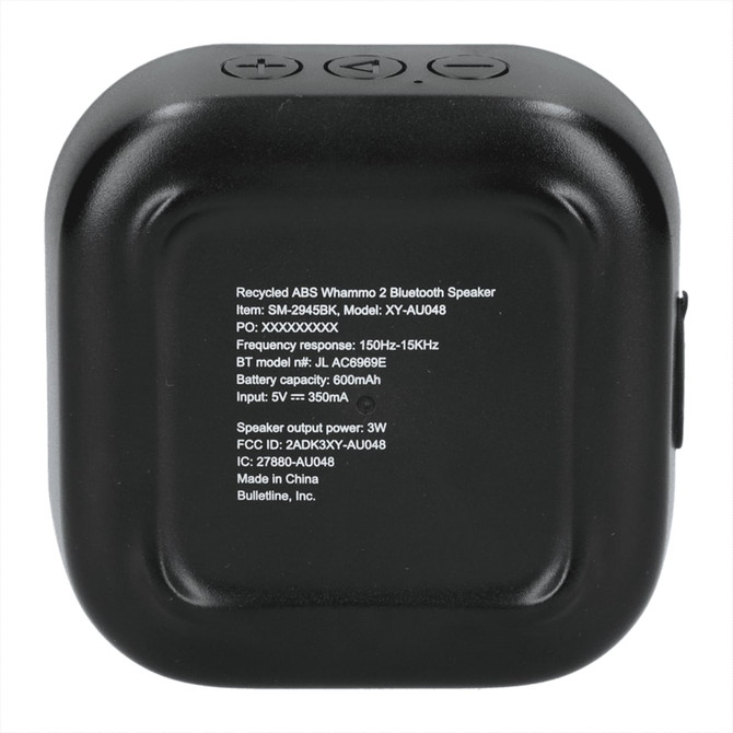 A black Recycled ABS Whammo 2 Bluetooth Speaker with control buttons on top and rounded corners.