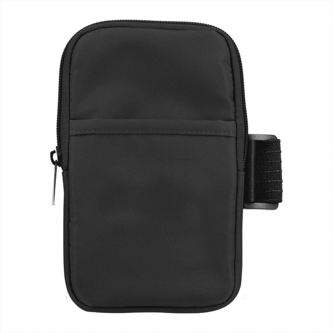 A drink bottle pouch in black, featuring a zipped compartment and a strap for easy carrying, with a logo.