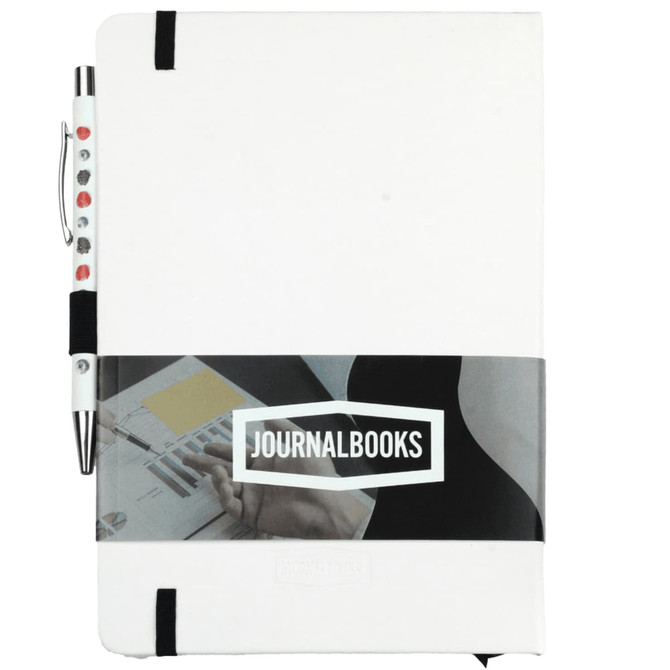 A white bound journal with coloured accents and a pen attached, featuring a logo on the cover.